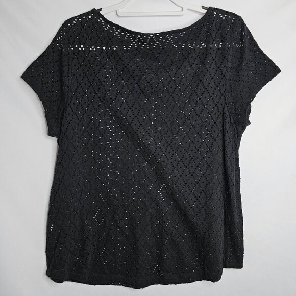 J. Jill Top Blouse Perforated Short Sleeve BLACK size L Y2K 80's Retro Edgy Dark - Picture 5 of 5